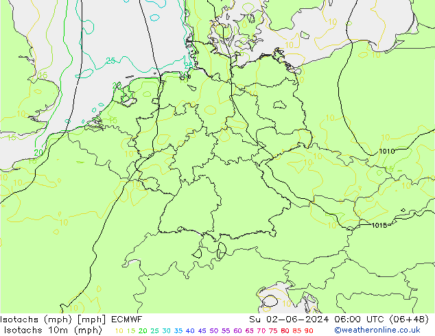 Isotachen (mph) ECMWF So 02.06.2024 06 UTC