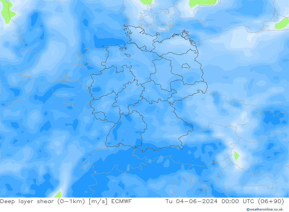 Deep layer shear (0-1km) ECMWF 星期二 04.06.2024 00 UTC