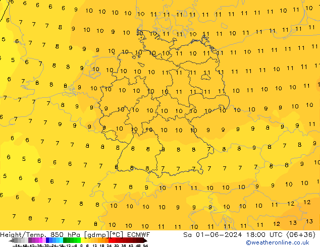 Geop./Temp. 850 hPa ECMWF sáb 01.06.2024 18 UTC