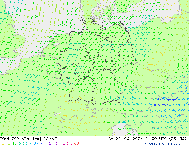 Wind 700 hPa ECMWF Sa 01.06.2024 21 UTC