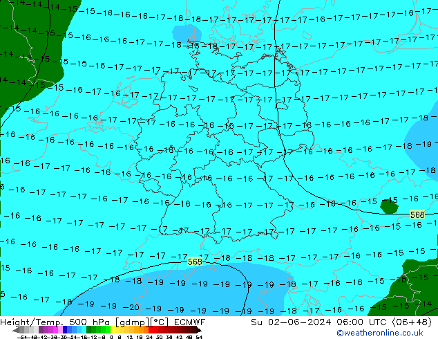 Height/Temp. 500 hPa ECMWF So 02.06.2024 06 UTC