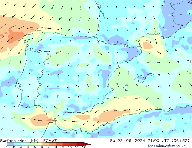 Wind 10 m (bft) ECMWF zo 02.06.2024 21 UTC