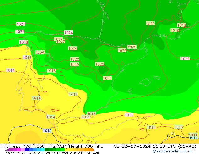 Espesor 700-1000 hPa ECMWF dom 02.06.2024 06 UTC