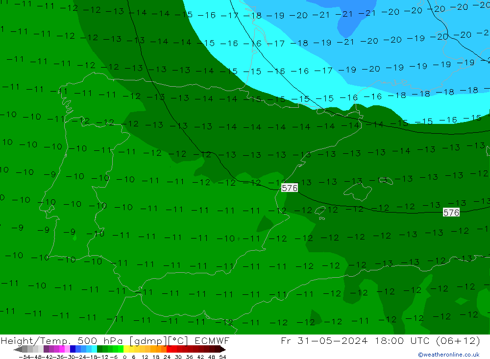 Height/Temp. 500 гПа ECMWF пт 31.05.2024 18 UTC