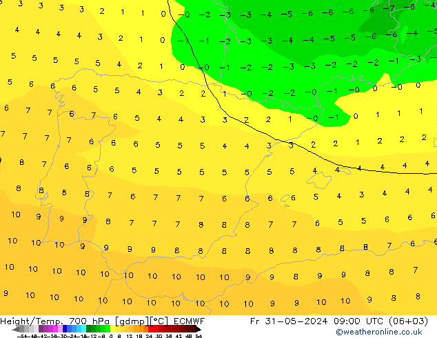 Height/Temp. 700 гПа ECMWF пт 31.05.2024 09 UTC