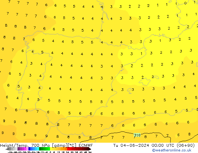 Yükseklik/Sıc. 700 hPa ECMWF Sa 04.06.2024 00 UTC