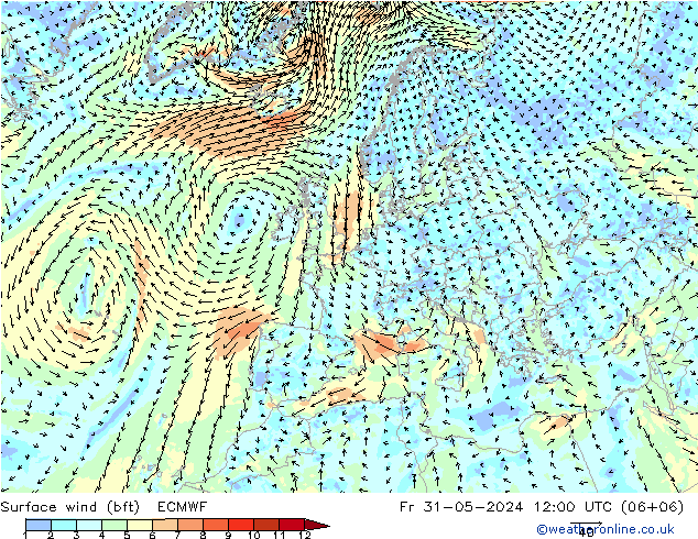 �N 10 米 (bft) ECMWF 星期五 31.05.2024 12 UTC