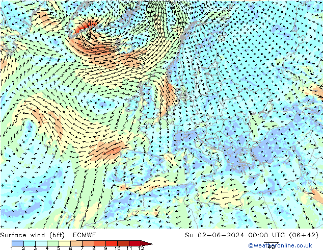 Wind 10 m (bft) ECMWF zo 02.06.2024 00 UTC