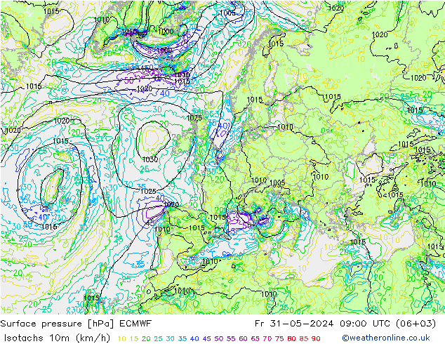 Isotachs (kph) ECMWF ven 31.05.2024 09 UTC