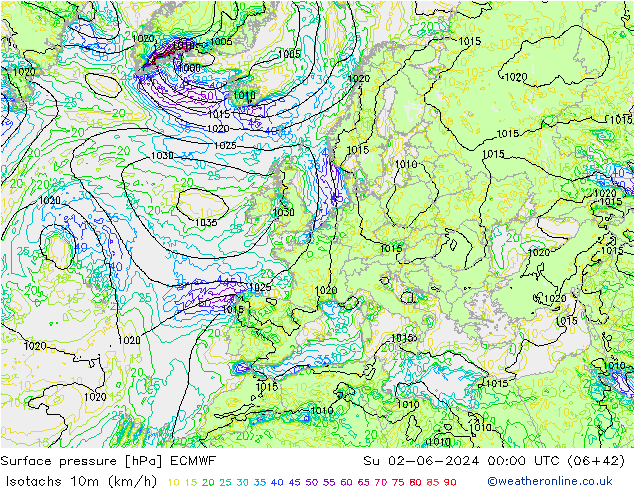 Isotachs (kph) ECMWF  02.06.2024 00 UTC