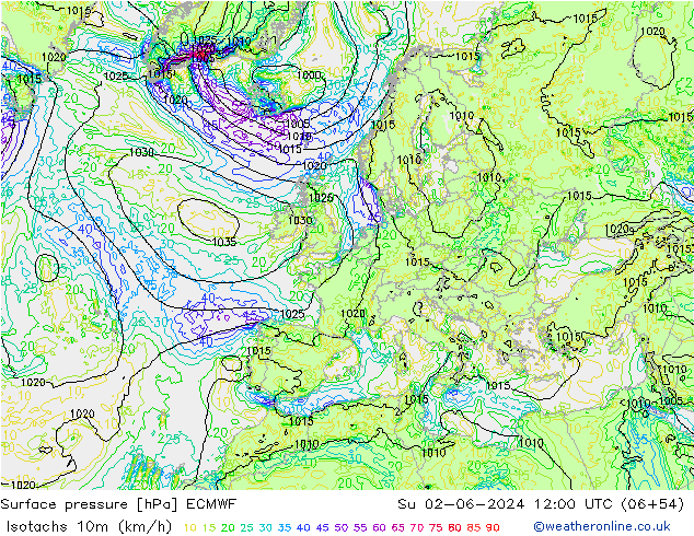 Isotachs (kph) ECMWF Su 02.06.2024 12 UTC