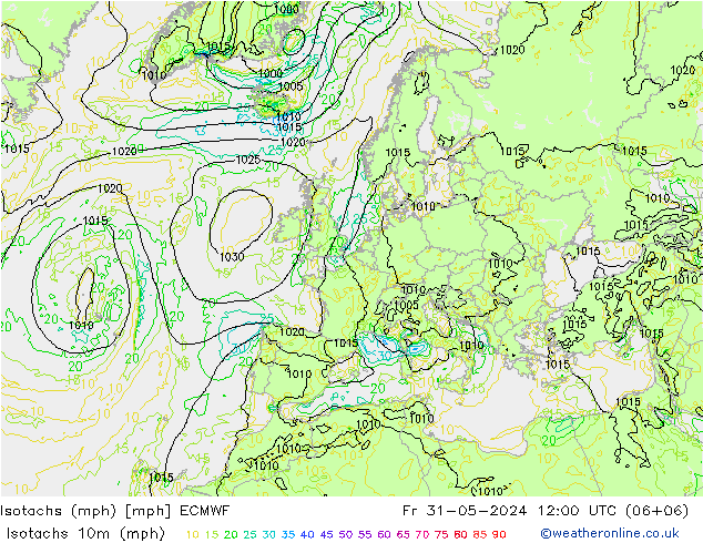 Isotachen (mph) ECMWF Fr 31.05.2024 12 UTC