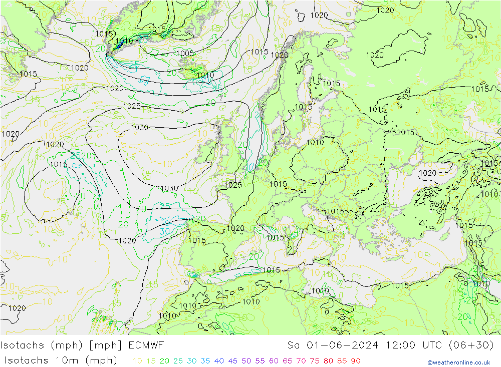 Isotachen (mph) ECMWF Sa 01.06.2024 12 UTC