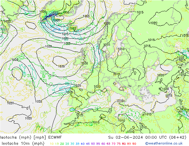 Isotachs (mph) ECMWF Ne 02.06.2024 00 UTC