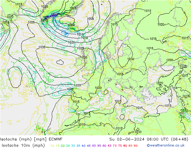 Isotachs (mph) ECMWF Вс 02.06.2024 06 UTC