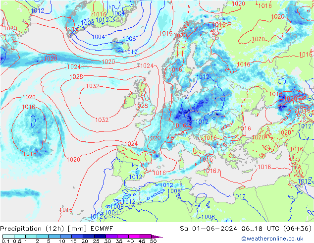 Precipitation (12h) ECMWF Sa 01.06.2024 18 UTC