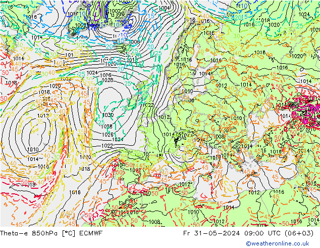 Theta-e 850hPa ECMWF Fr 31.05.2024 09 UTC