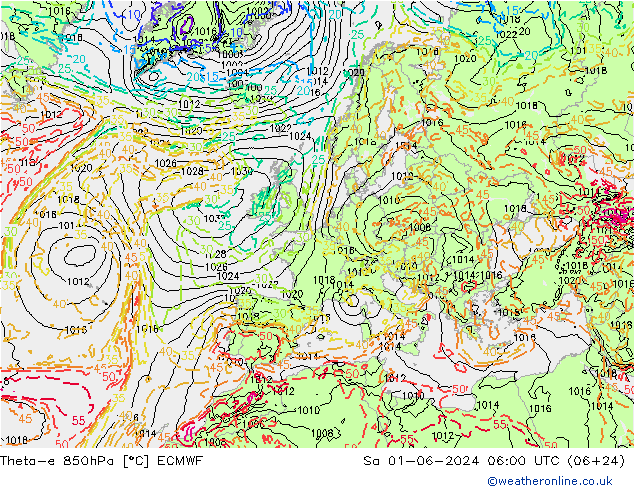 Theta-e 850hPa ECMWF Sa 01.06.2024 06 UTC