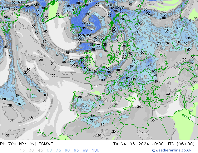 RH 700 hPa ECMWF Tu 04.06.2024 00 UTC