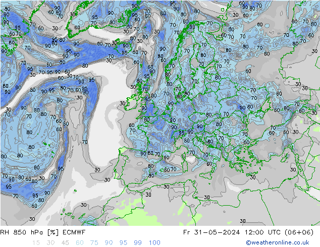 RH 850 hPa ECMWF Fr 31.05.2024 12 UTC