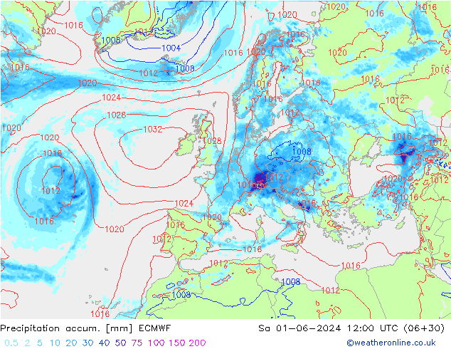 Precipitation accum. ECMWF So 01.06.2024 12 UTC