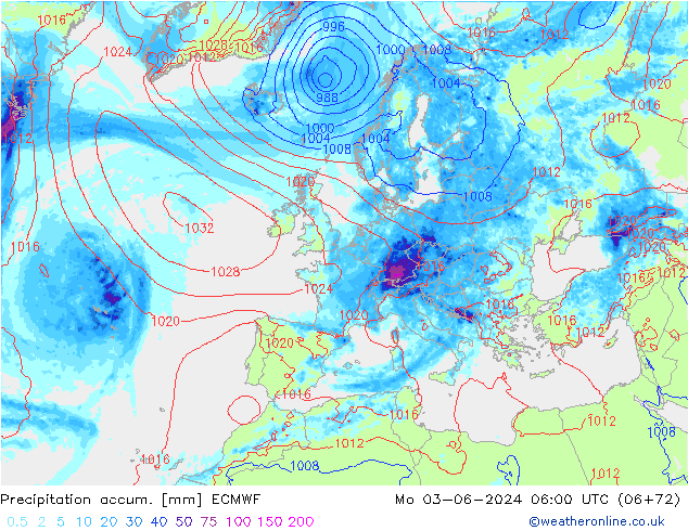 Precipitation accum. ECMWF Seg 03.06.2024 06 UTC