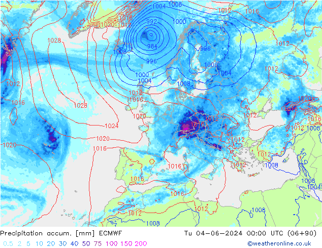 Precipitation accum. ECMWF Tu 04.06.2024 00 UTC