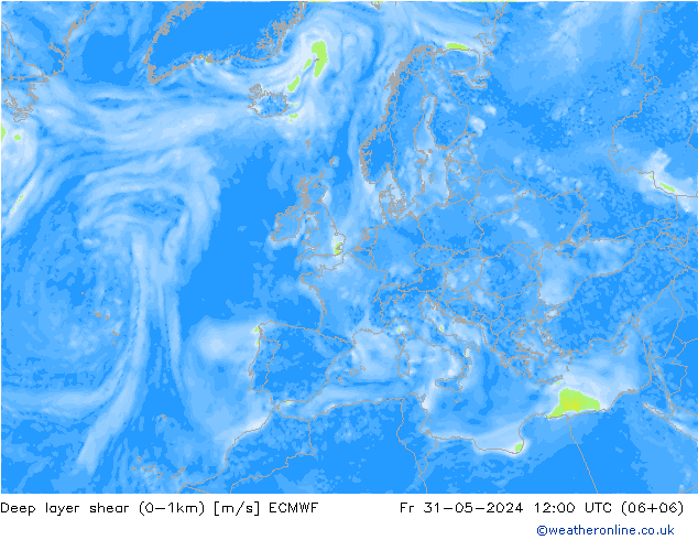 Deep layer shear (0-1km) ECMWF пт 31.05.2024 12 UTC