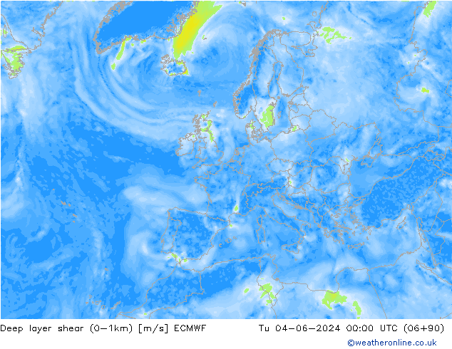 Deep layer shear (0-1km) ECMWF Ter 04.06.2024 00 UTC