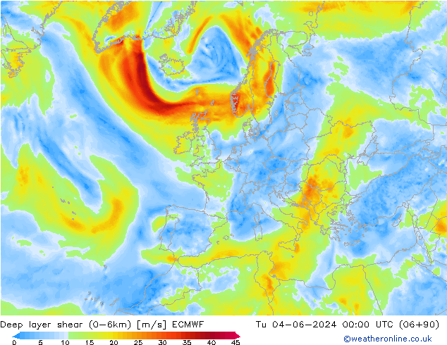 Deep layer shear (0-6km) ECMWF Tu 04.06.2024 00 UTC