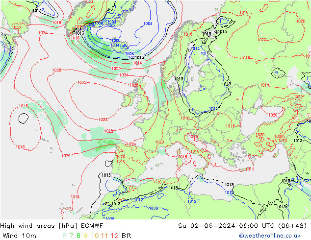 High wind areas ECMWF Вс 02.06.2024 06 UTC