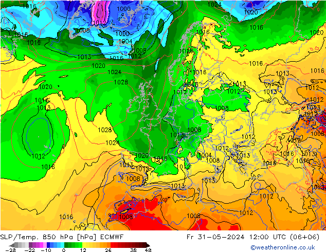 SLP/Temp. 850 hPa ECMWF pt. 31.05.2024 12 UTC