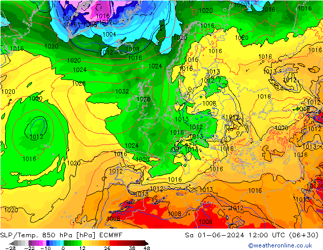 SLP/Temp. 850 hPa ECMWF Sa 01.06.2024 12 UTC