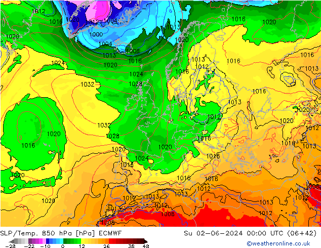 SLP/Temp. 850 гПа ECMWF Вс 02.06.2024 00 UTC