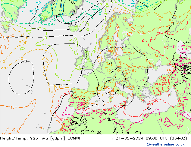 Hoogte/Temp. 925 hPa ECMWF vr 31.05.2024 09 UTC