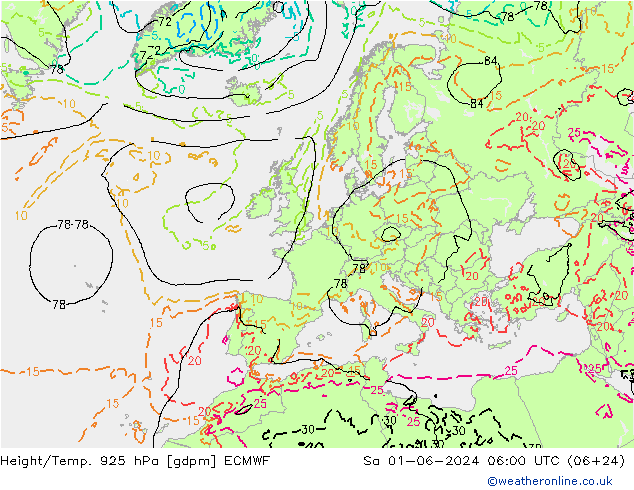 Height/Temp. 925 hPa ECMWF Sa 01.06.2024 06 UTC