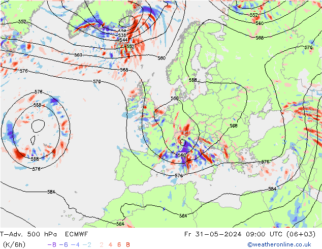 T-Adv. 500 hPa ECMWF Pá 31.05.2024 09 UTC