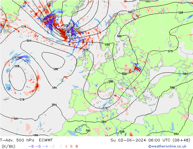 T-Adv. 500 hPa ECMWF Su 02.06.2024 06 UTC