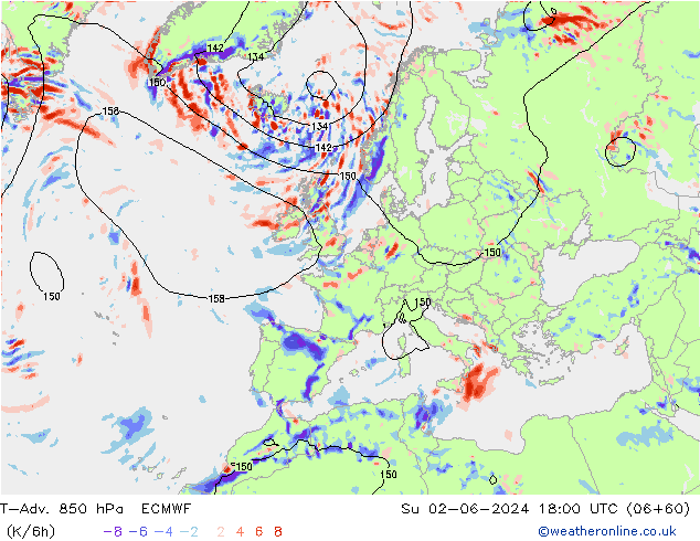 T-Adv. 850 hPa ECMWF Su 02.06.2024 18 UTC