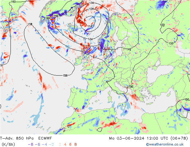 T-Adv. 850 hPa ECMWF Seg 03.06.2024 12 UTC