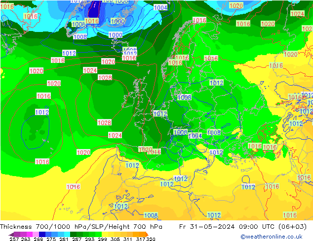 Schichtdicke 700-1000 hPa ECMWF Fr 31.05.2024 09 UTC