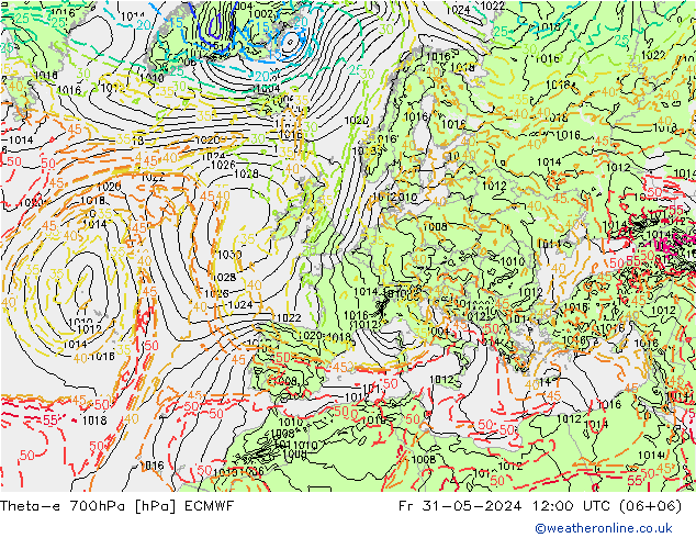 Theta-e 700hPa ECMWF Fr 31.05.2024 12 UTC