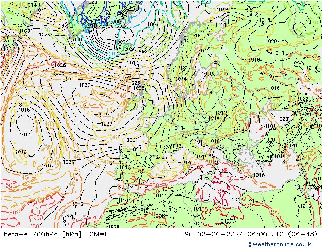 Theta-e 700hPa ECMWF Su 02.06.2024 06 UTC