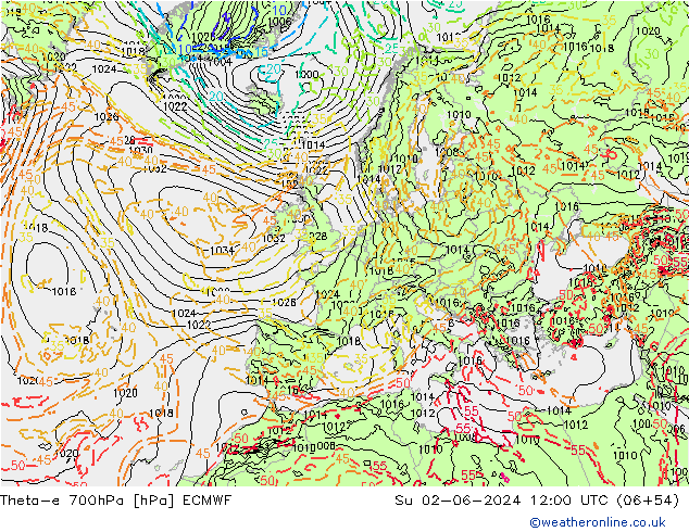 Theta-e 700hPa ECMWF Su 02.06.2024 12 UTC