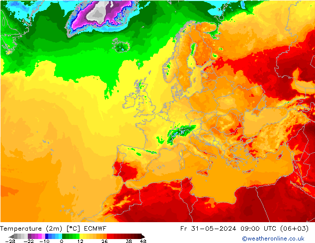 Temperatuurkaart (2m) ECMWF vr 31.05.2024 09 UTC
