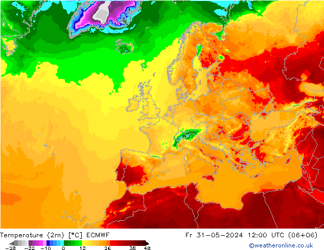 Temperature (2m) ECMWF Fr 31.05.2024 12 UTC