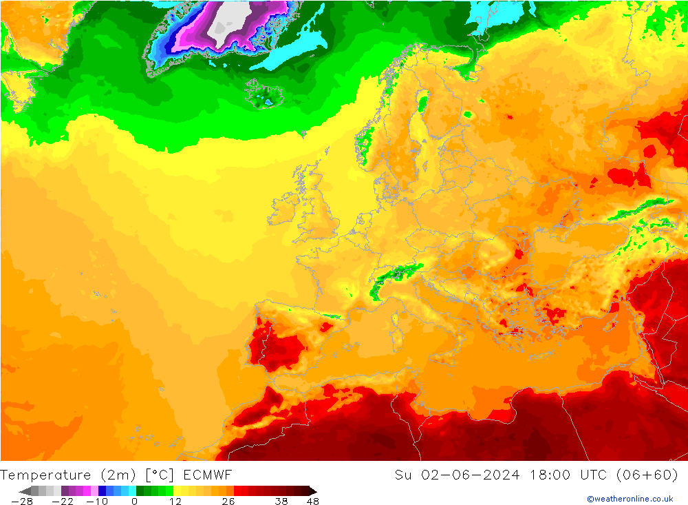 Temperature (2m) ECMWF Su 02.06.2024 18 UTC