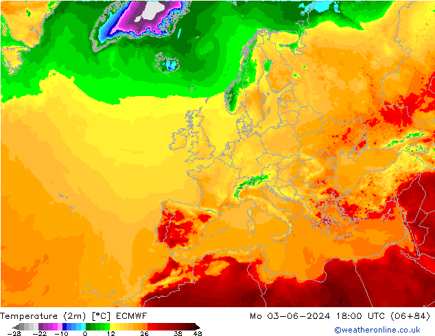 Temperatura (2m) ECMWF Seg 03.06.2024 18 UTC