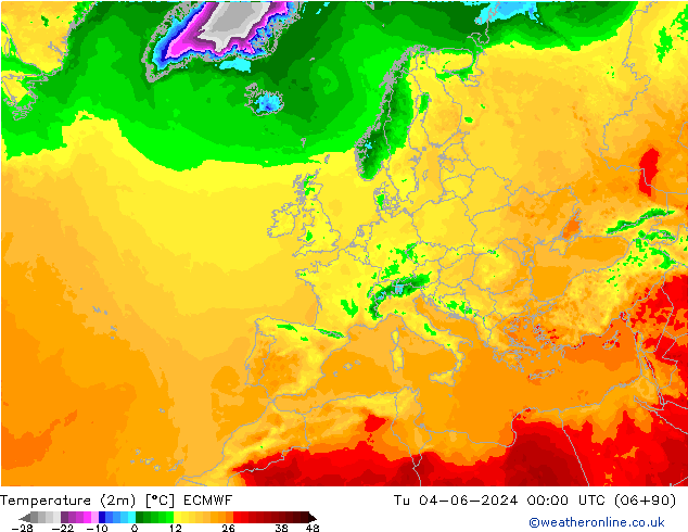 Temperatuurkaart (2m) ECMWF di 04.06.2024 00 UTC