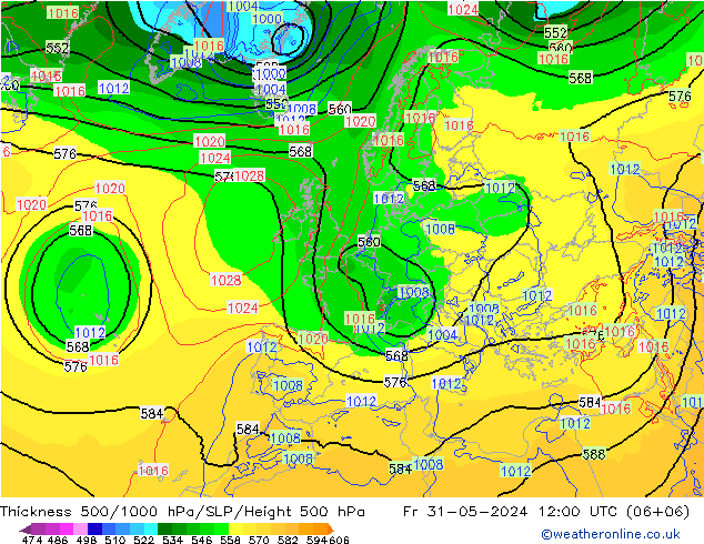 Dikte 500-1000hPa ECMWF vr 31.05.2024 12 UTC